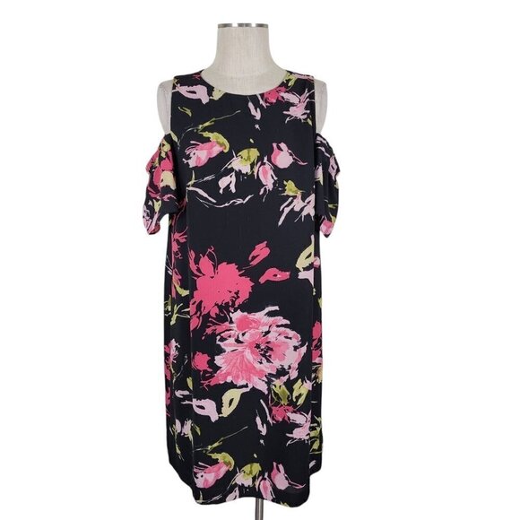 Tahari ASL Shift Dress Size 14 Cold Shoulder Back Zip Black Pink Floral Stretch - Picture 1 of 9
